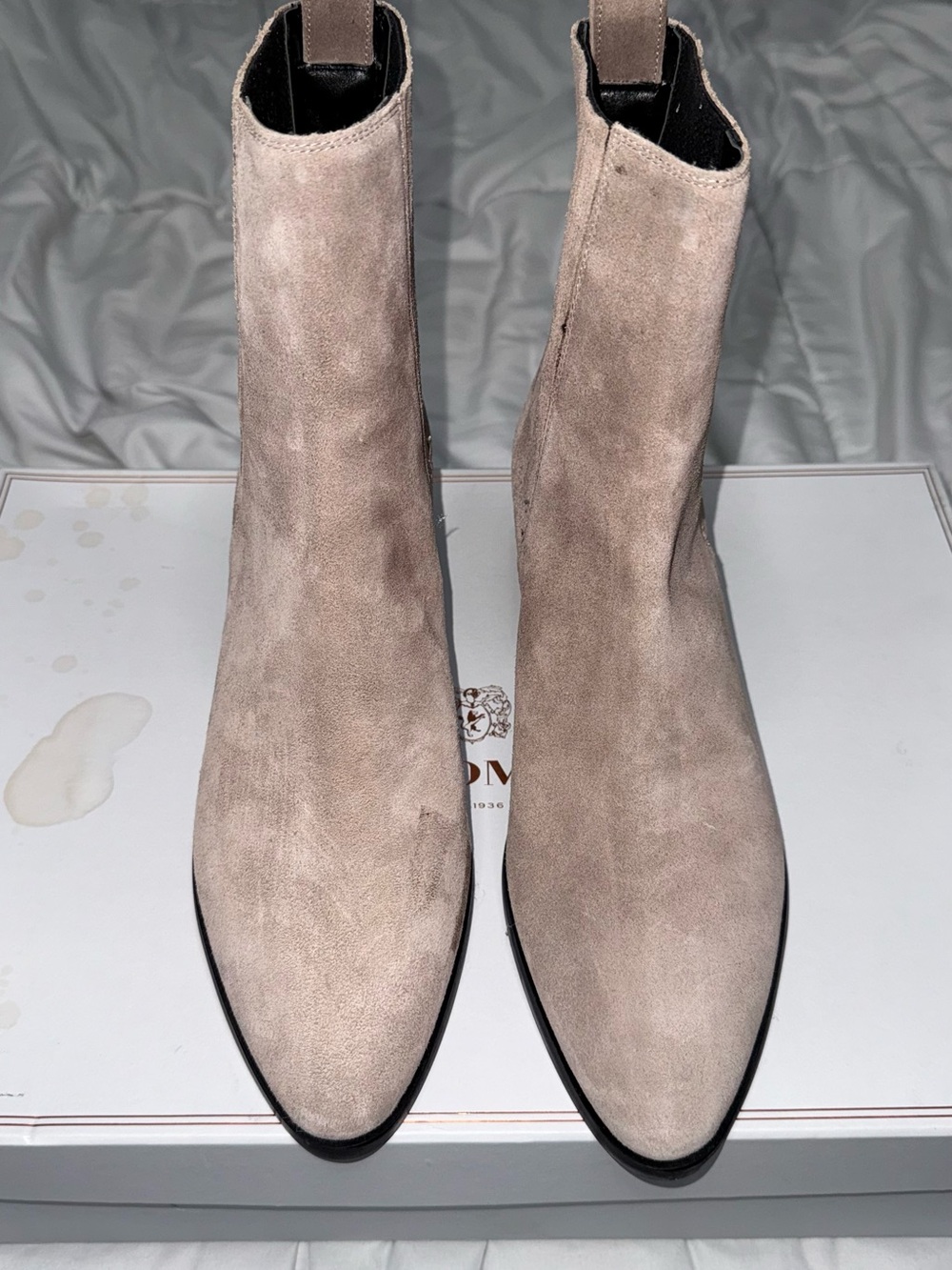 Bruno Magli Taupe Suede Pointed-Toe Ankle Booties